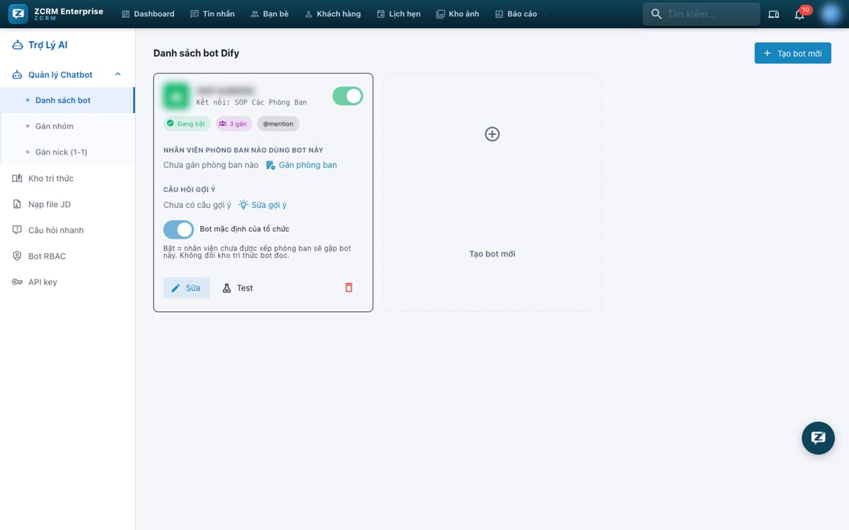 Danh sách chatbot AI trên ZCRM, gán theo phòng ban/nhóm