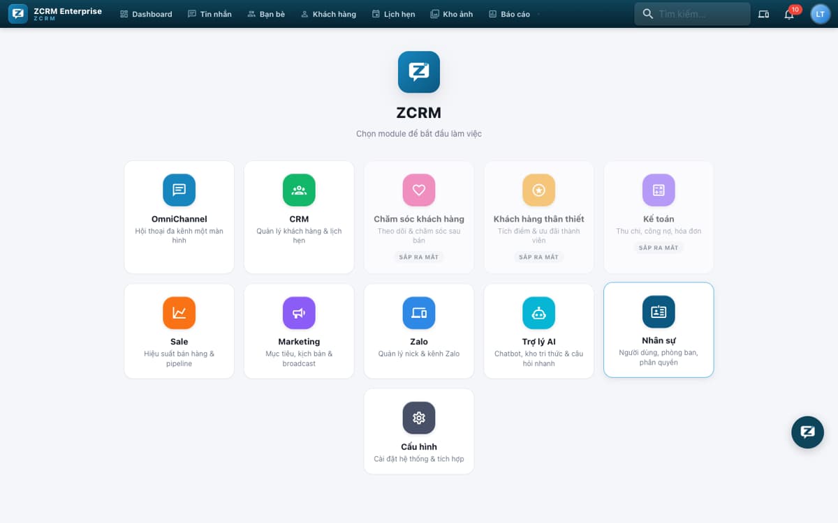 Trang chọn module ZCRM: OmniChannel, CRM, Sale, Marketing, Zalo, Trợ lý AI