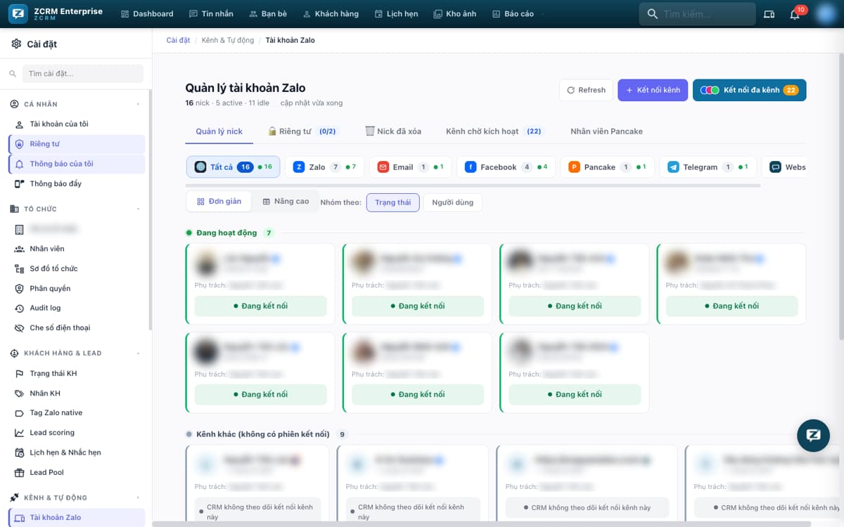 Quản lý tài khoản & kênh: Zalo, Email, Facebook, Pancake, Telegram, Webchat.