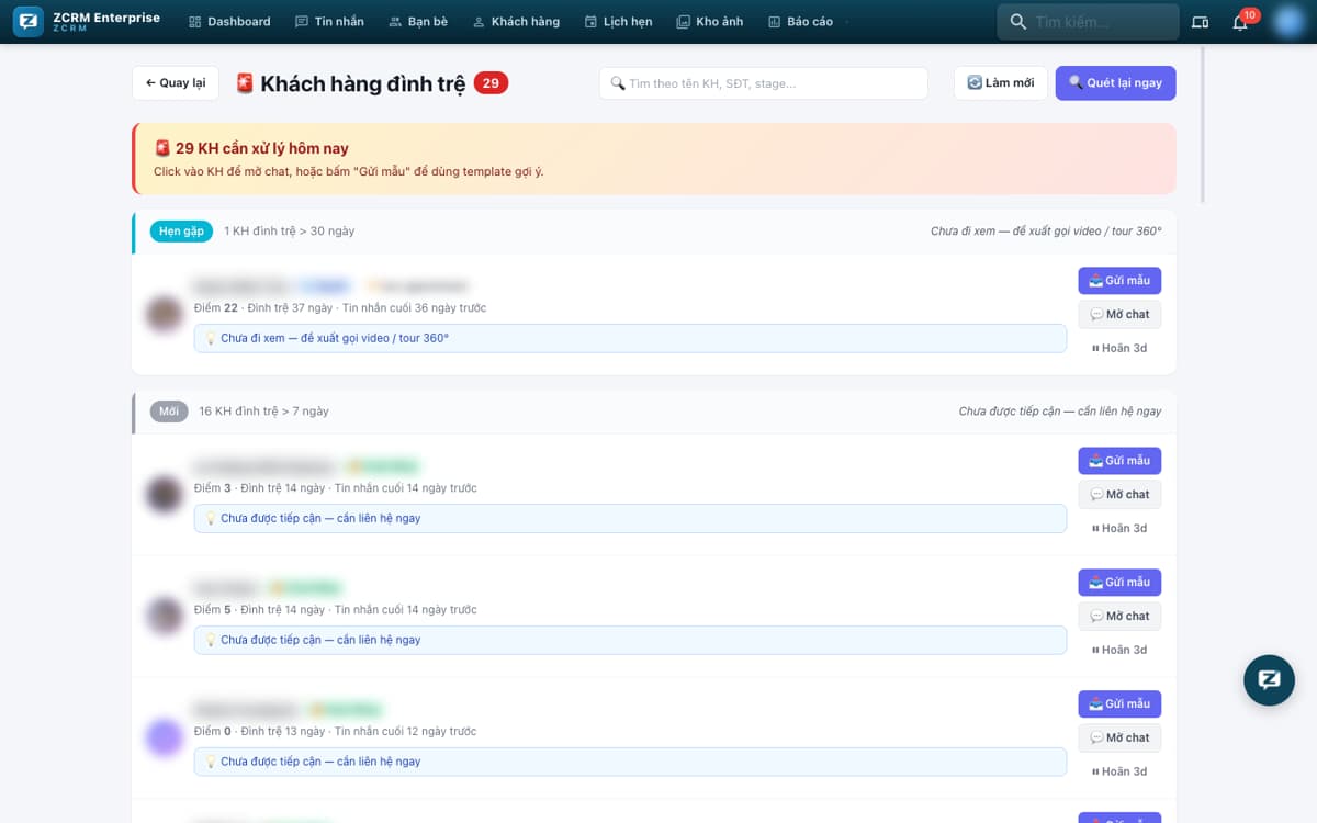 Danh sách khách hàng đình trệ trên ZCRM