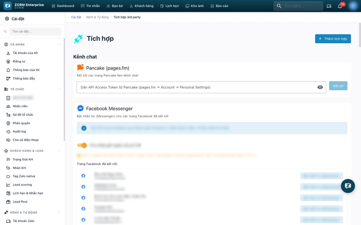 Tích hợp Pancake, Facebook Messenger trên ZCRM</br>
