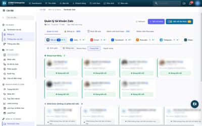 Quản lý tài khoản & kênh: Zalo, Email, Facebook, Pancake, Telegram, Webchat.